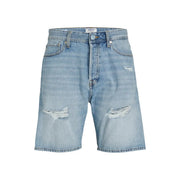 Jack & Jones shorts for men in light blue denim with distressed frayed holes at knees, front view