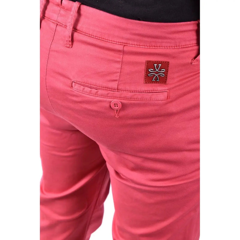 Coral pink Jacob Cohen men cotton chino pants with a red leather patch and matching button visible from the back