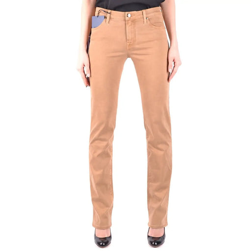 verso de Jacob Cohen Jean beige en mélange de coton pour femme, coupe droite, avec un discret empiècement bleu sur la poche arrière.