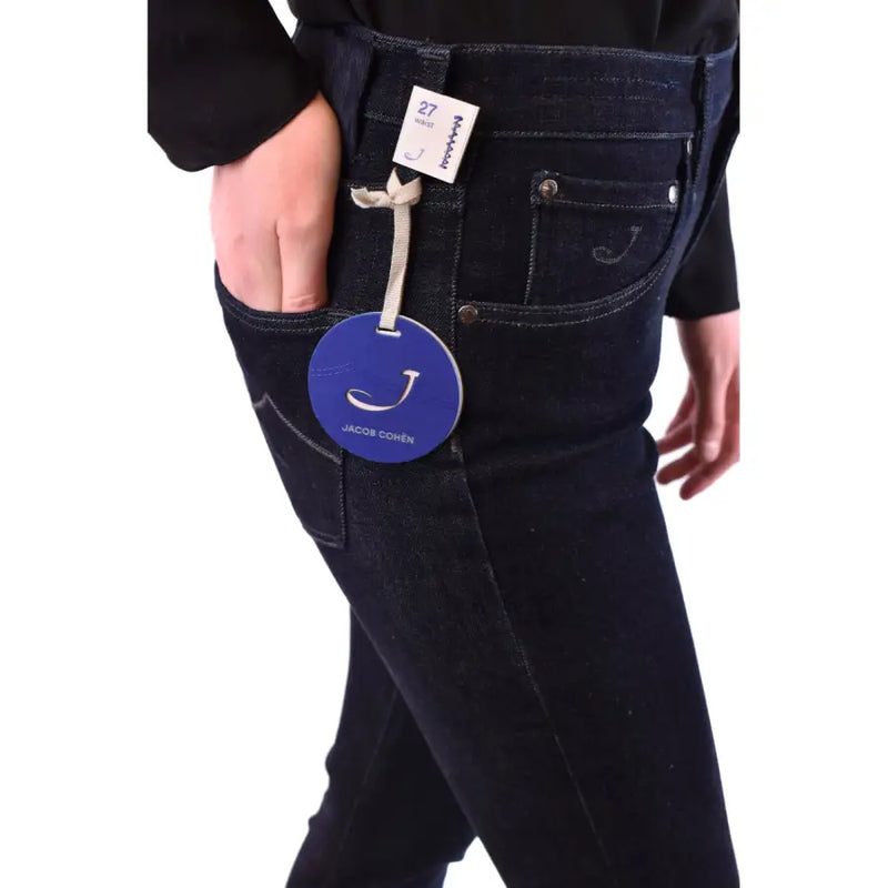 Jacob Cohen women’s blue cotton blend jeans with dark blue denim and circular blue brand tag featuring j logo