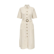 Jacqueline de yong beige belted button front dress cream-colored midi button-down with short sleeves and gold-tone buckle belt