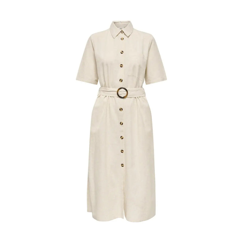 Jacqueline de yong beige belted button front dress cream-colored midi button-down with short sleeves and gold-tone buckle belt