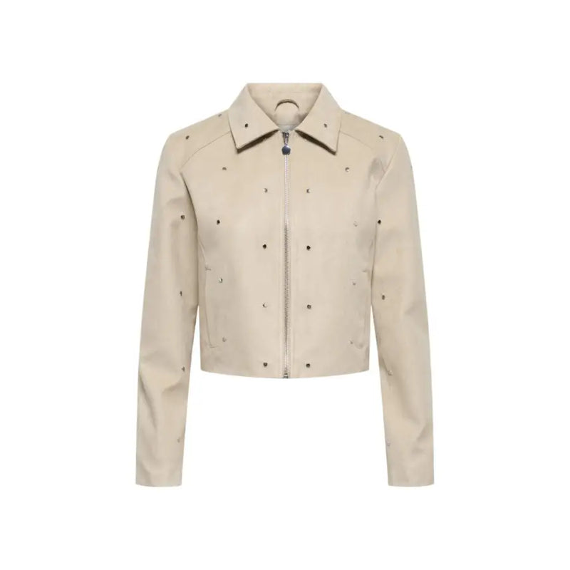 Jacqueline De Yong beige leather jacket with black stud detailing and front zipper for stylish outerwear