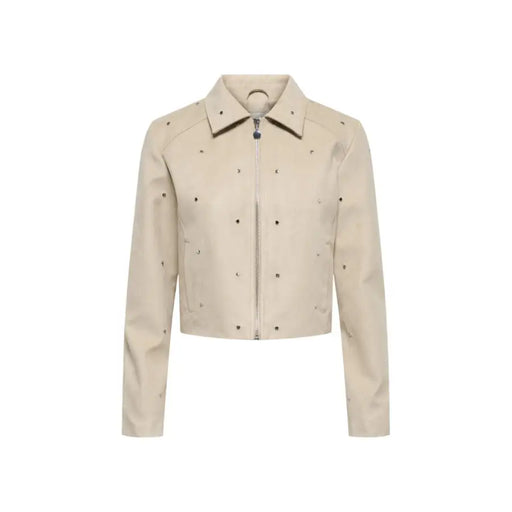 Jacqueline De Yong beige leather jacket with black stud detailing and front zipper for stylish outerwear