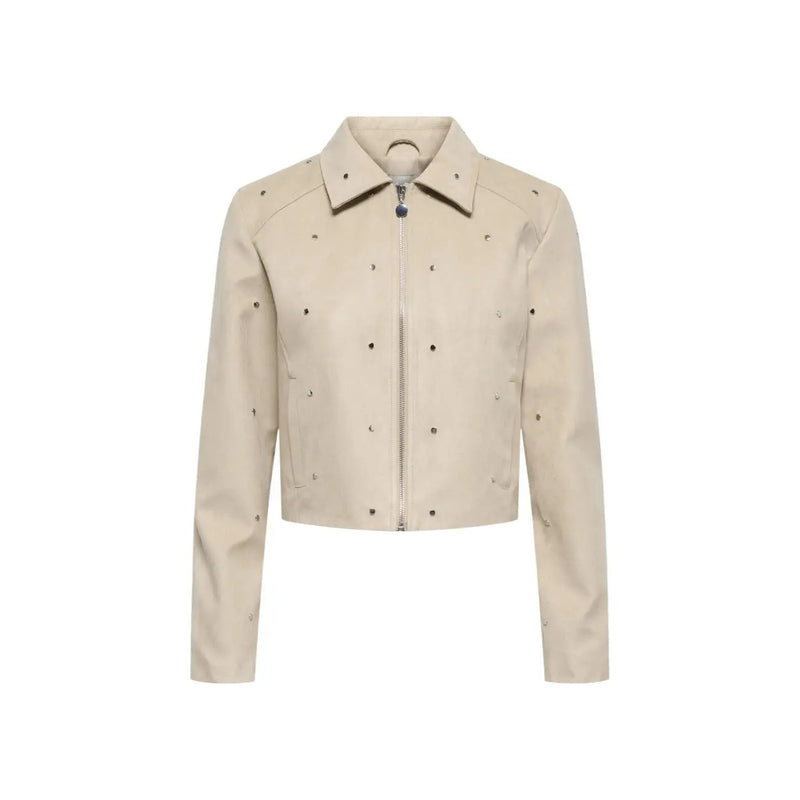 Jacqueline De Yong beige leather jacket with black stud detailing and front zipper for stylish outerwear