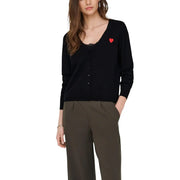 Gilet noir à manches longues avec broderie cœur rouge sur la poitrine gauche. Jacqueline De Yong cardigan long beige à boutons