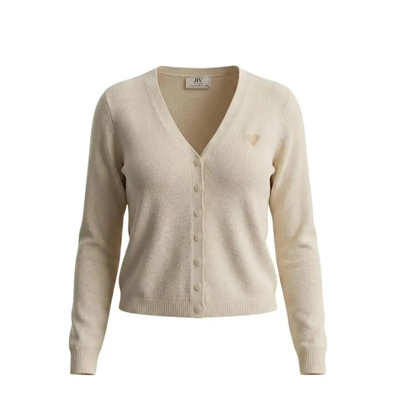 Cream-colored Jacqueline de Yong long jlv knit cardigan with v-neck button-front closure and heart embroidery