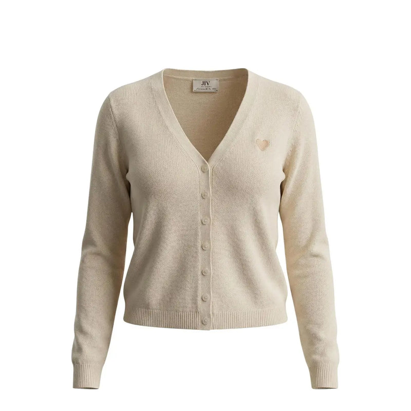 Cream-colored Jacqueline de Yong long jlv knit cardigan with v-neck button-front closure and heart embroidery