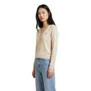 Beige knit long button cardigan by Jacqueline de Yong with subtle heart embroidery on left chest