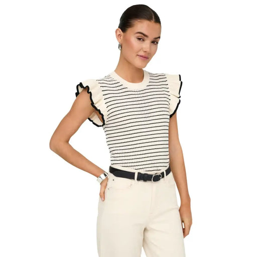 Jacqueline De Yong beige gestreifter, ärmelloser Baumwollstrick top mit Rüschen