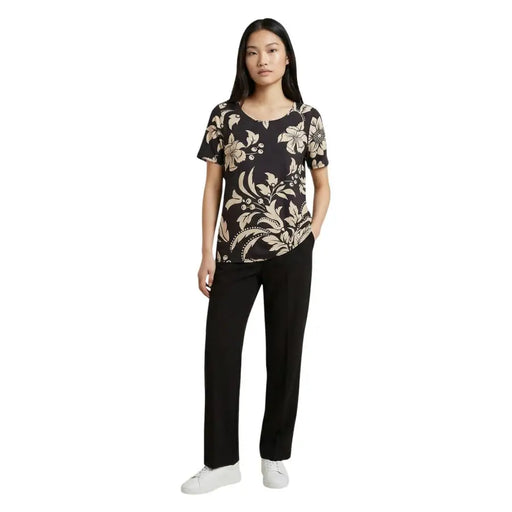 Jacqueline de yong black short sleeve blouse with beige floral and leaf patterns for casual wear