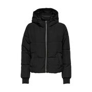Jacqueline de yong black hooded polyester puffer jacket with silver zipper for cold weather wear