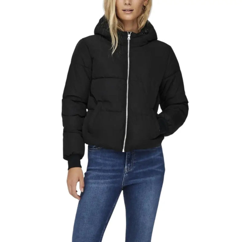 Jacqueline de yong black hooded polyester puffer jacket with silver zipper and hood for cold weather