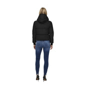 Black hooded puffer jacket with quilted design made of polyester by Jacqueline de Yong