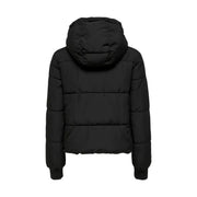 Black quilted hooded polyester puffer jacket by jacqueline de yong with sleek modern design shown from the back side