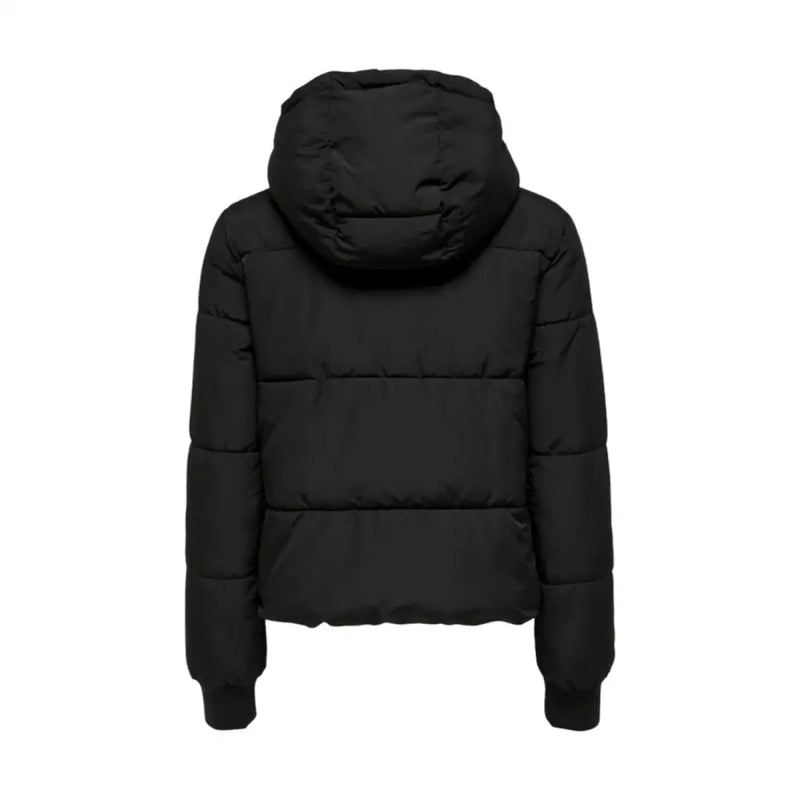 Black quilted hooded polyester puffer jacket by jacqueline de yong with sleek modern design shown from the back side
