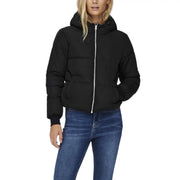 Jacqueline de yong black hooded polyester puffer jacket with silver zipper and hood for cold weather