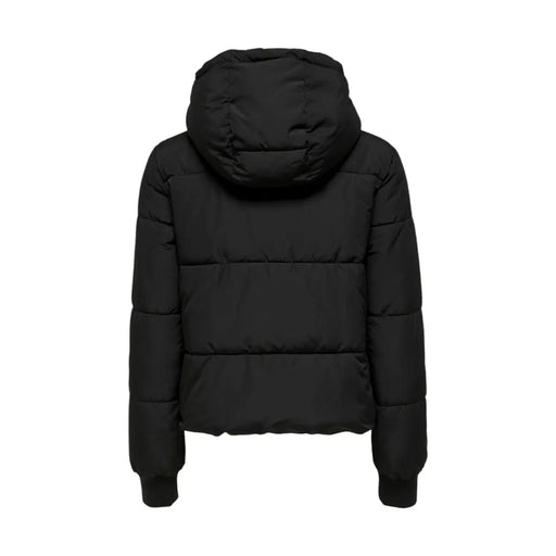 Black quilted hooded polyester puffer jacket by jacqueline de yong with sleek modern design shown from the back side