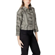 Jacqueline de yong olive green and white geometric print blouse with three quarter sleeves and button up front