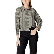 Jacqueline de yong olive green and white geometric striped button-up blouse with three quarter sleeves
