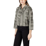 Olive green and cream geometric-striped button-up blouse with three-quarter sleeves by Jacqueline de Yong