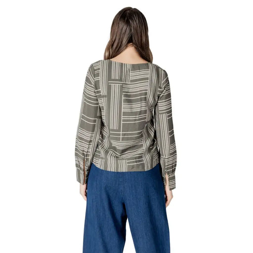 Jacqueline de yong olive green v-neck long sleeve blouse with geometric white and beige vertical stripes pattern