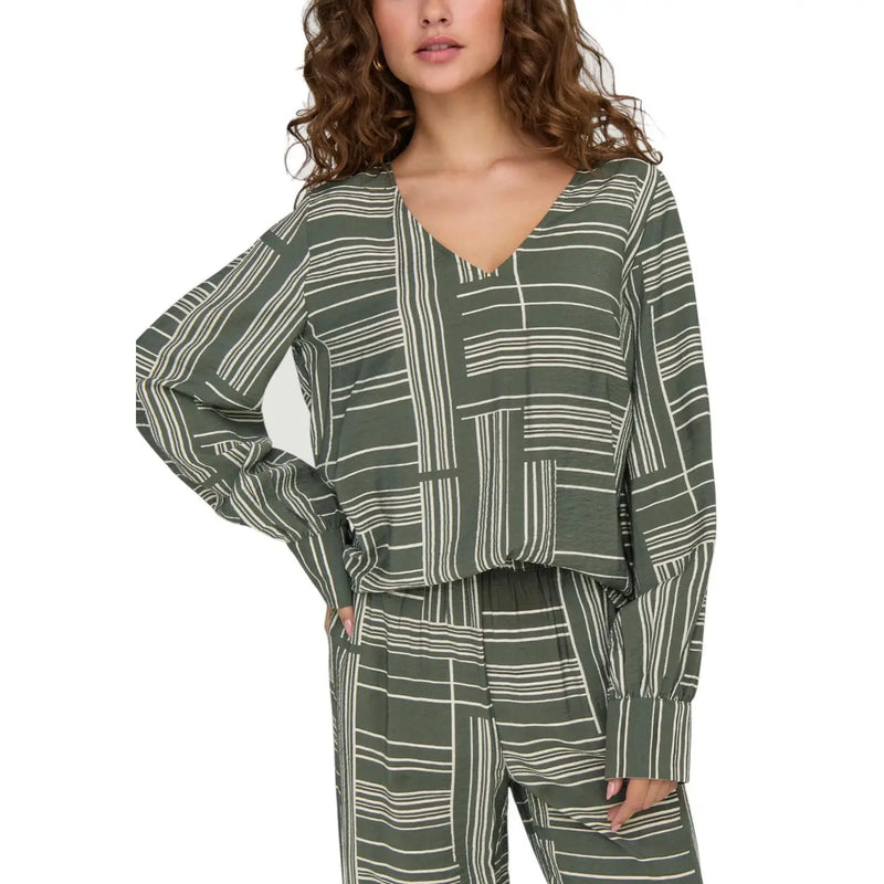 Jacqueline de yong olive green and white geometric print v-neck long sleeve blouse with lightweight fabric