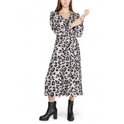 A flowing jacqueline de yong grey leopard long sleeve midi dress with v neckline and self tie belt
