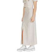Jacqueline de yong grey viscose midi skirt for women with off-white color high slit and subtle side pleats