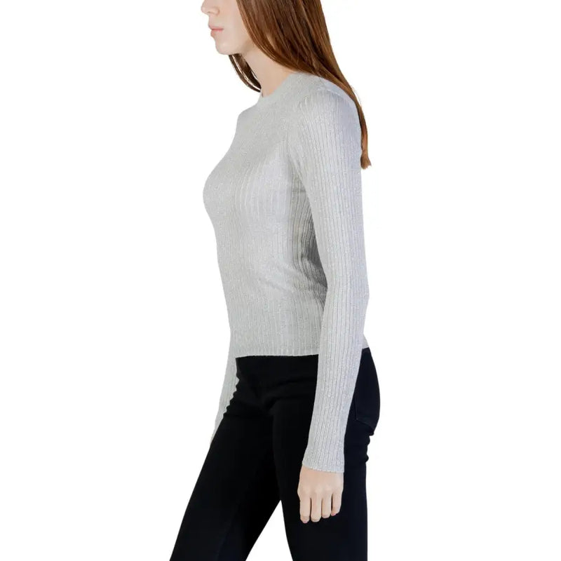 Jacqueline De Yong silver long sleeve knitwear in light gray ribbed knit with a high neckline and round neck design