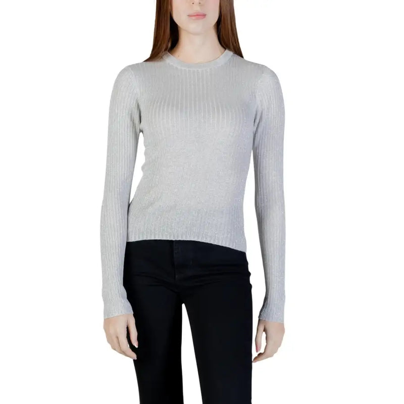 Jacqueline de yong silver ribbed knit long sleeve top with round neckline in shimmering fabric