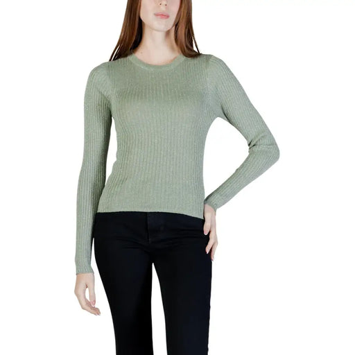 Jacqueline De Yong Silberner, langärmeliger, salbeigrüner Rippstrickpullover