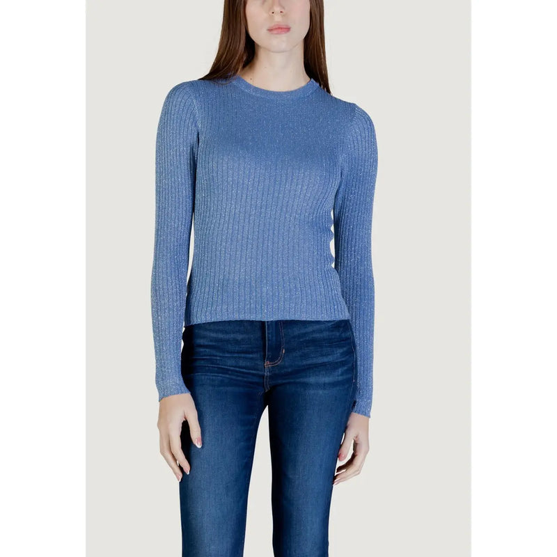Jacqueline de Yong silbernes Langarm-Strickshirt mit Rundhalsausschnitt aus schimmerndem, blauem Rippstrickstoff mit Rundhalsausschnitt