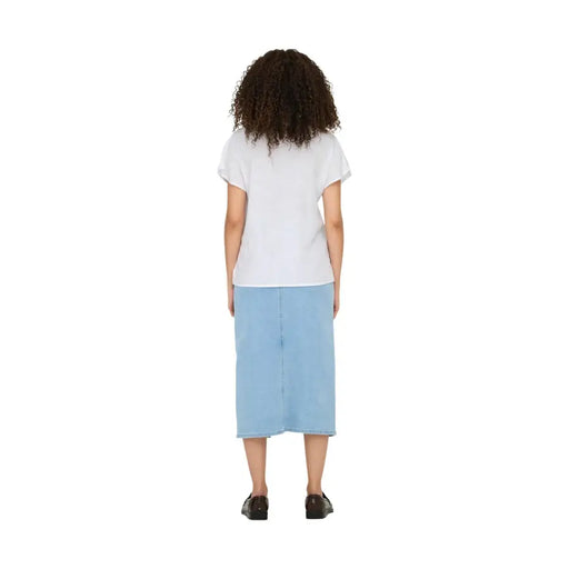 Light blue denim midi skirt paired with jacqueline de yong white short sleeve v neck linen viscose blouse