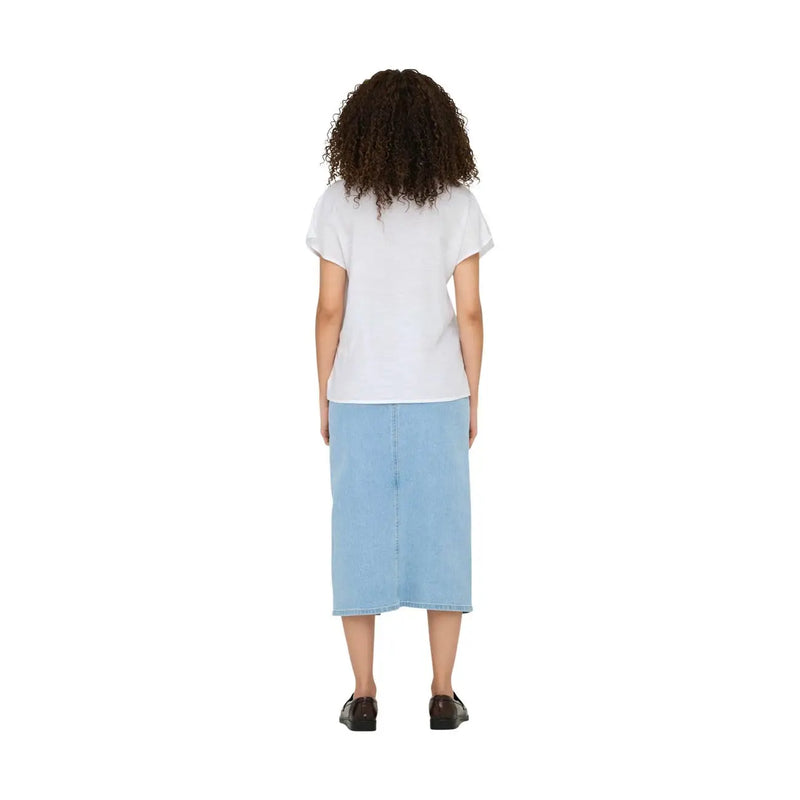 Light blue denim midi skirt paired with jacqueline de yong white short sleeve v neck linen viscose blouse