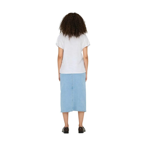 Light blue denim midi skirt paired with jacqueline de yong white short sleeve v neck linen viscose blouse