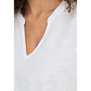 Jacqueline de yong white short sleeve v neck blouse in linen viscose with a soft textured weave and relaxed v neckline