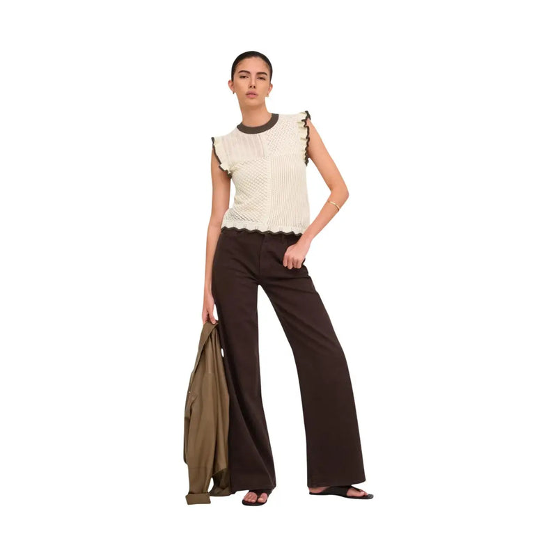 Cream-colored ribbed knit sleeveless top with dark brown ruffled trim and collar by Jacqueline de Yong in beige cotton