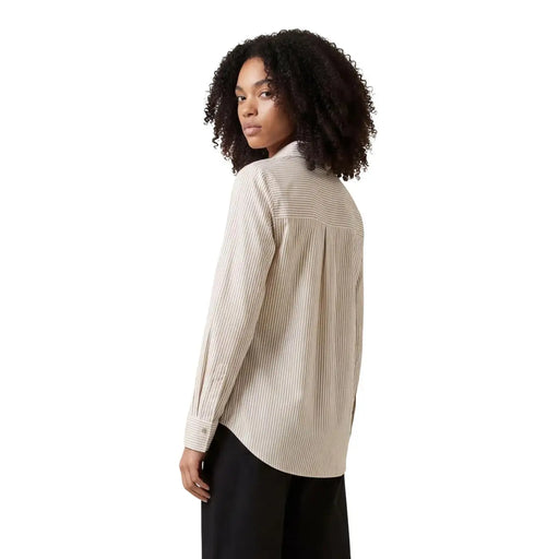 Jacqueline de yong women beige cotton long striped shirt with button-up front and relaxed fit