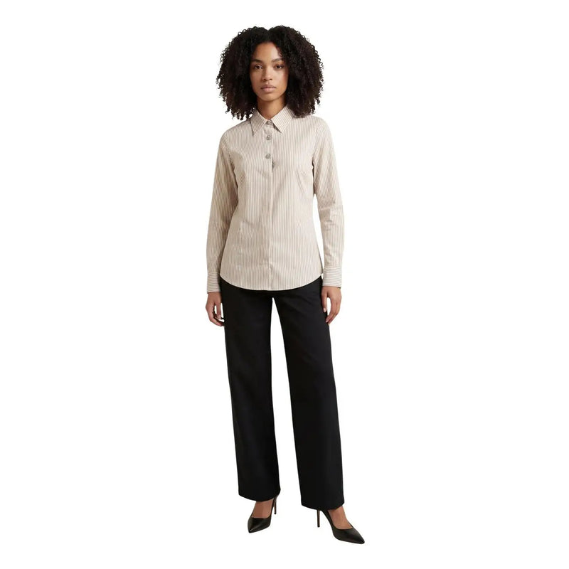 Beige and white vertically striped women cotton long sleeve button-down shirt by Jacqueline de Yong