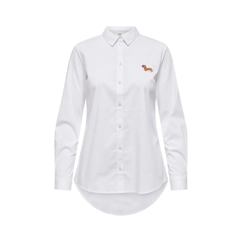Jacqueline de yong women beige cotton long sleeve shirt with a white button-up style and embroidered dachshund on left chest