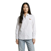 Jacqueline de yong women beige cotton long sleeve shirt with white button-down style and embroidered dachshund on chest