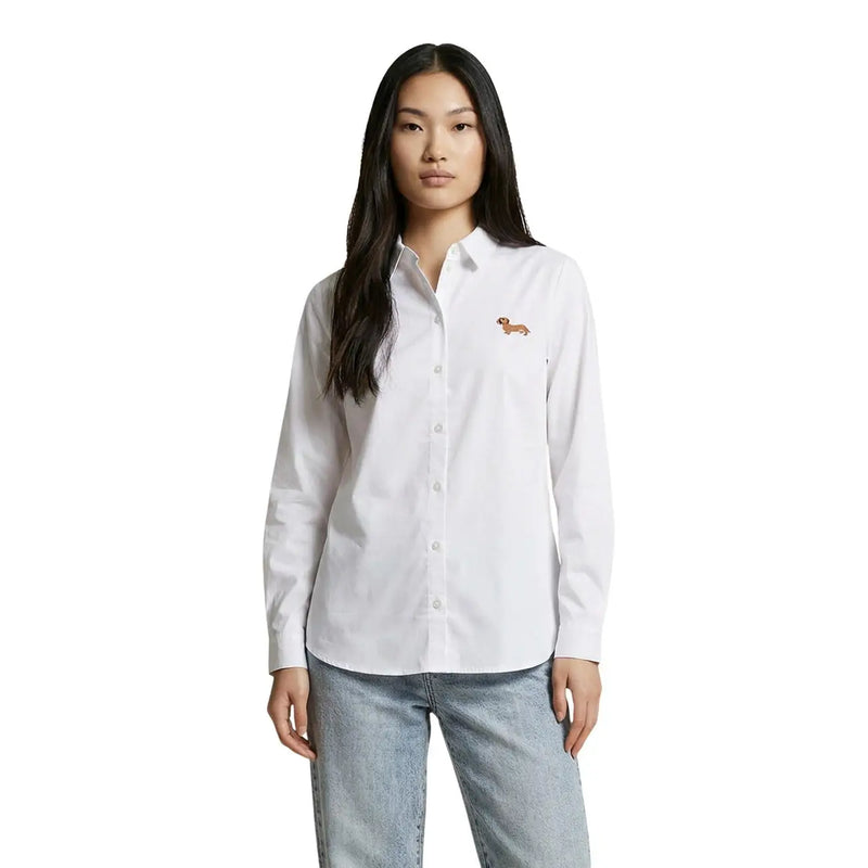 Jacqueline de yong women beige cotton long sleeve shirt with white button-down style and embroidered dachshund on chest