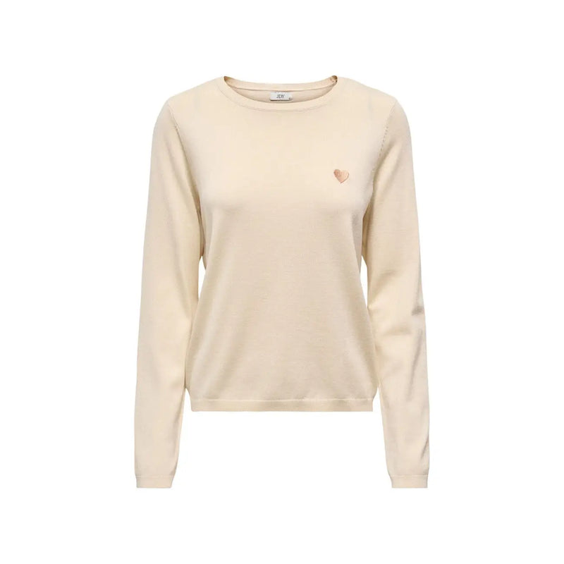 Cremefarbener, beigefarbener Strickpullover von Jacqueline de Yong für Damen mit langen Ärmeln und roségoldenem Herz-Emblem aus Viskosemischung