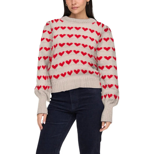 Pull Jacqueline de yong pour femme, en maille beige polyester, avec un tricot blanc cassé douillet et des rayures rouges à cœurs audacieux.
