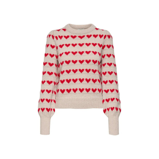 Jacqueline De Yong Pull en maille beige en polyester pour femme, orné de motifs de cœurs rouges et tricoté couleur crème.