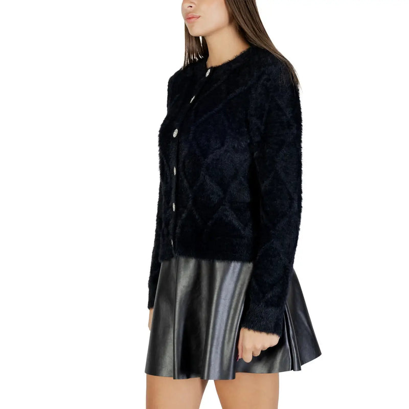Jacqueline de yong women black cardigan with diamond-patterned faux fur texture and silver buttons nylon blend
