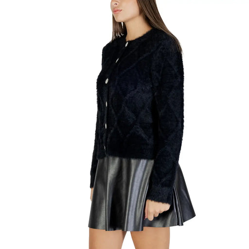 Jacqueline de yong women black cardigan with diamond-patterned faux fur texture and silver buttons nylon blend