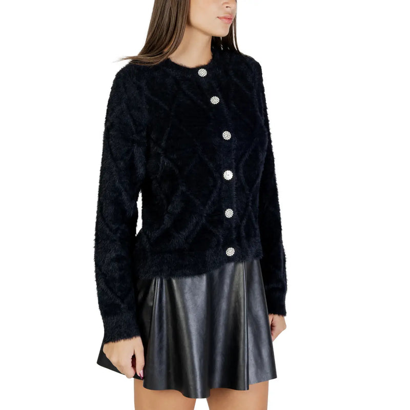 Jacqueline de yong women black cardigan nylon blend with fuzzy knit diamond texture and silver embellished buttons
