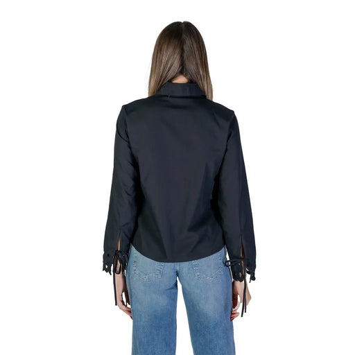 Jacqueline de yong women black cotton turtleneck long shirt blouse with tie details at the cuffs